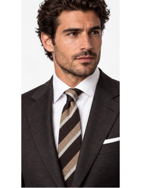 Men's Kiton 100% Cashmere Striped Tie, Brown and Beige 7 Fold Italy